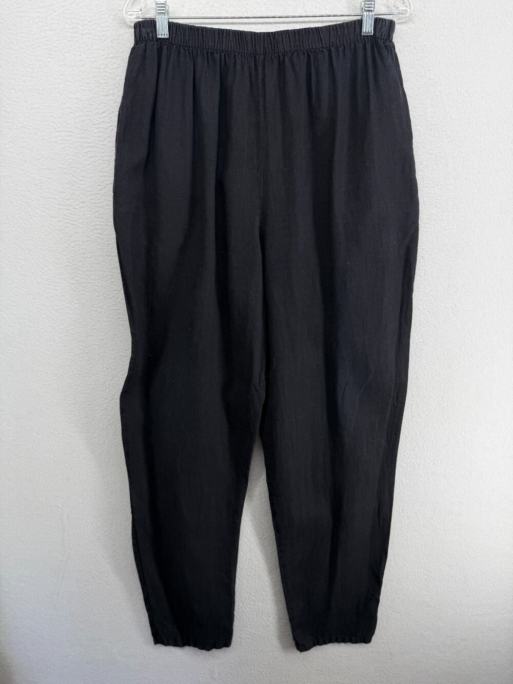 RUSS BERENS Pants L 100% Linen Tapered Elastic Waist Lagenlook Black USA